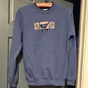 VINTAGE Country Store Blue Crewneck Sweatshirt Embroidered Design Bird Retro